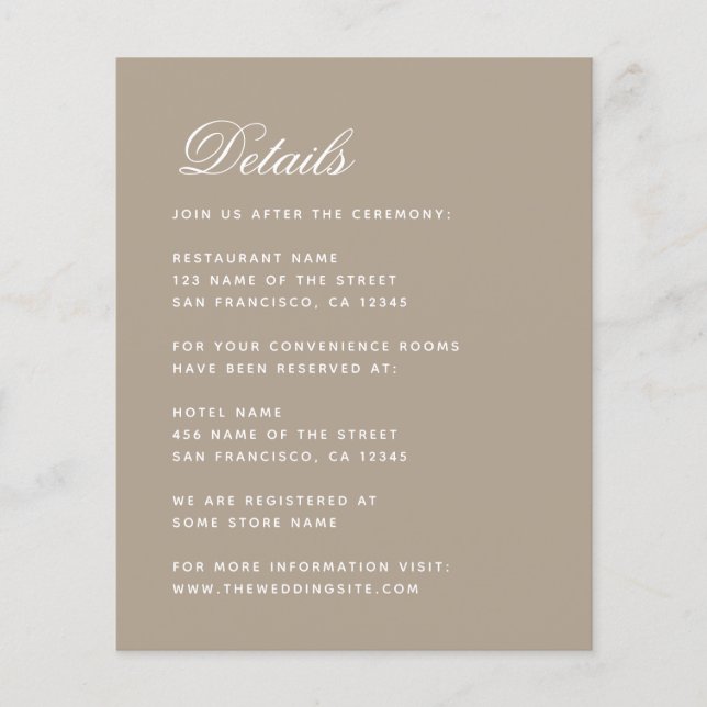 Tarjeta de Detalles de Boda Beige Sencilla y Econó (Anverso)