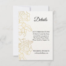 Tarjeta de detalles de boda blanca floral dorada e
