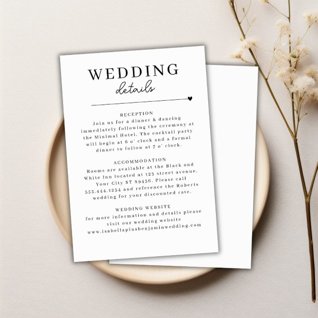Tarjeta de detalles de Boda blanco negro Minimalis (Modern Minimalist Black White Wedding Details Card)