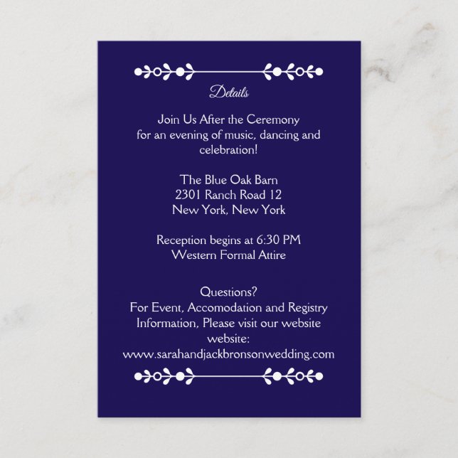 Tarjeta de detalles de Boda blanco y naval moderna (Anverso)