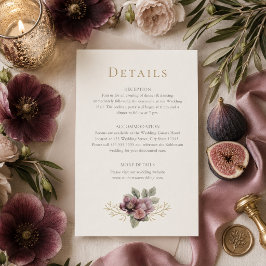 Tarjeta de detalles de boda botánica de ciruela y 