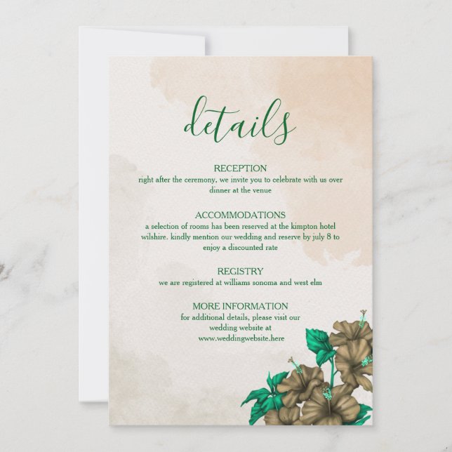Tarjeta de detalles de boda botánica verde (Anverso)
