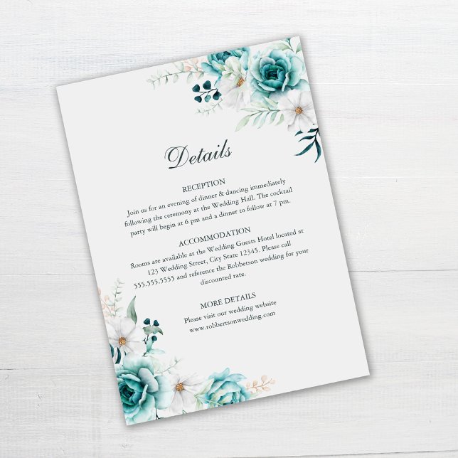 Tarjeta de Detalles de Boda Botánica Verde Azulado (Teal and Off-white wedding invitation details card on white table)