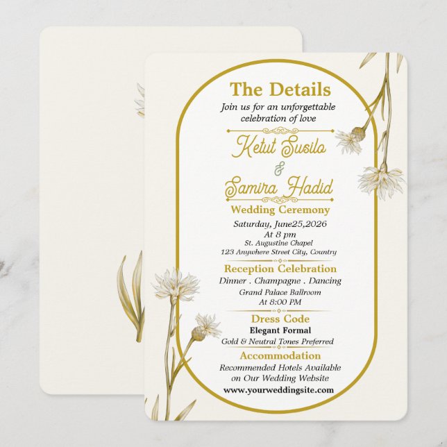 Tarjeta de detalles de boda botánicos dorados mini (Anverso / Reverso)