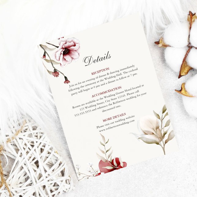 Tarjeta de detalles de Boda Burgundy Winter Elegan (Burgundy floral wedding details on white cozy background)