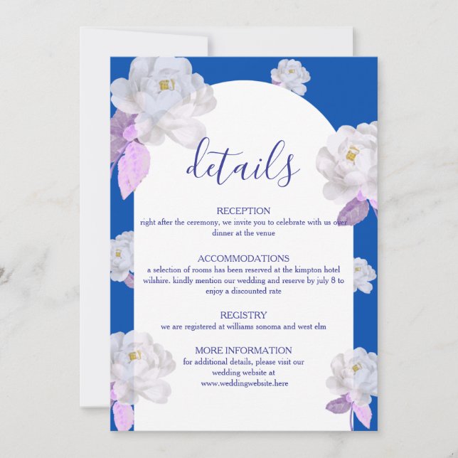 Tarjeta de Detalles de Boda con Arco Floral Azul (Anverso)