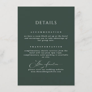 Tarjeta de detalles de boda con caligrafía en verd