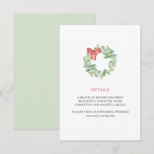 Tarjeta de detalles de boda con corona de Navidad (Anverso / Reverso)
