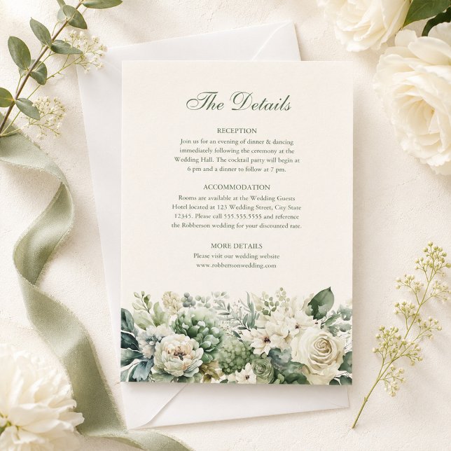Tarjeta de Detalles de Boda con Flores de Verde Sa (Sage Green & Ivory Flowers Wedding Details Card on a table with ivory flowers and green ribbon)