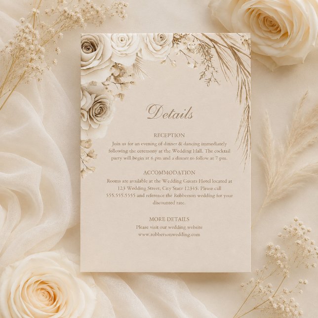 Tarjeta de Detalles de Boda con Flores Secas Beige (Beige Dried Flowers Wedding Details Card with ivory roses)