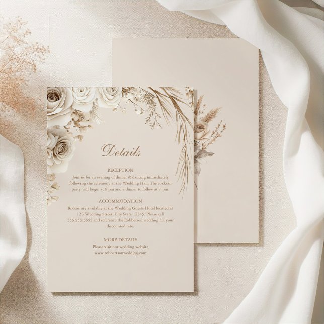 Tarjeta de Detalles de Boda con Flores Secas Beige (Beige Dried Flower and White Rose Wedding Details Invitation on an elegant silky tablecloth)