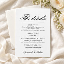 Tarjeta de detalles de boda con guión en blanco y 