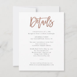 Tarjeta de detalles de boda con guión moderno en o
