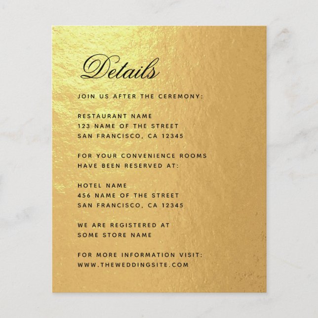 Tarjeta de Detalles de Boda con Hoja Dorada Falsa  (Anverso)