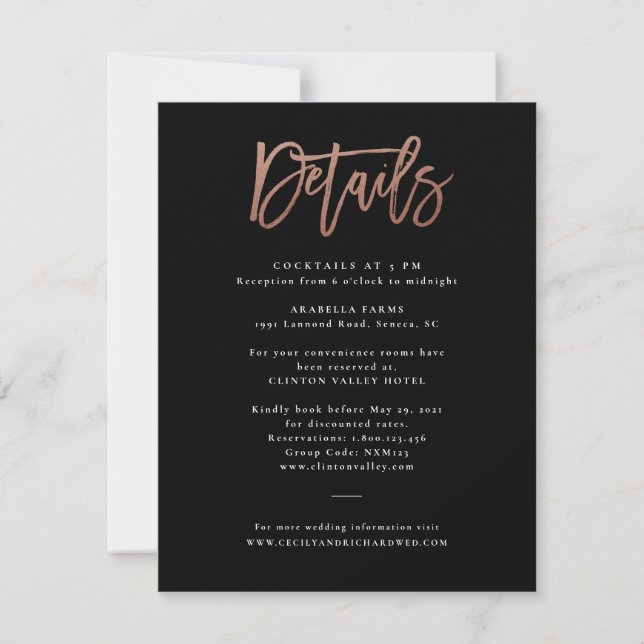 Tarjeta de Detalles de Boda con Letra Rosada de Or (Anverso)
