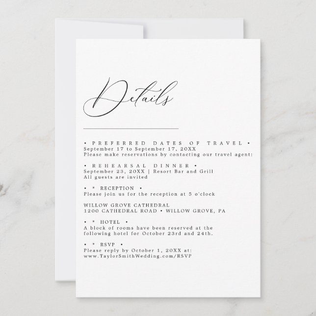 tarjeta de detalles de boda con letra script minim (Anverso)