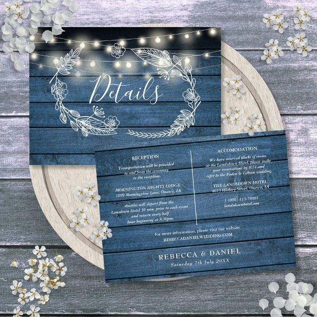 Tarjeta de Detalles de Boda con Luces de Cuerda de (Blue Wood String Lights Wedding Details Card)