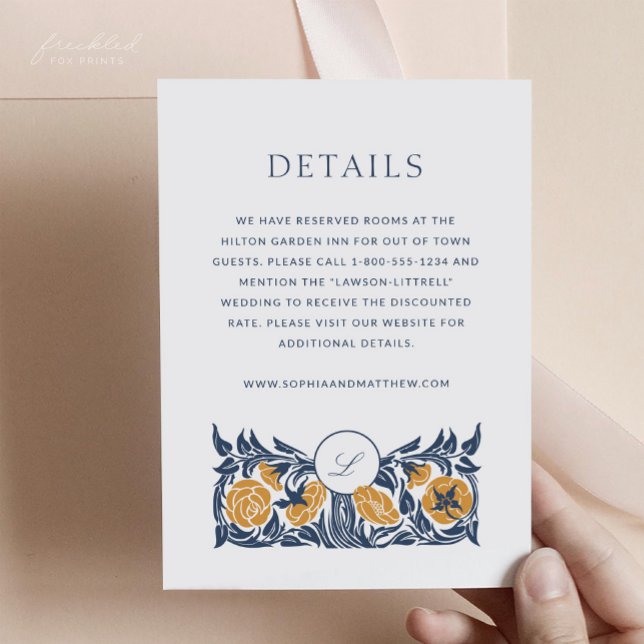 Tarjeta de Detalles de Boda con Monograma Art Nouv (Floral Art Nouveau Monogram Wedding Details Card)