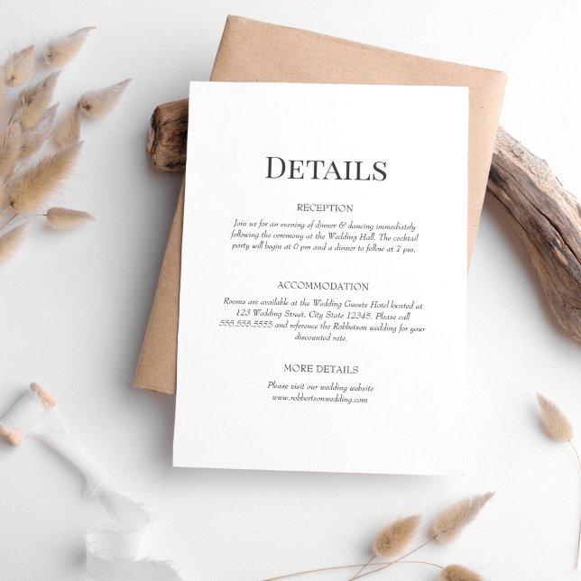 Tarjeta de Detalles de Boda con Monograma Minimali (Minimalist Monogram Wedding Details Enclosure Card on white table with neutral boho decoration.)