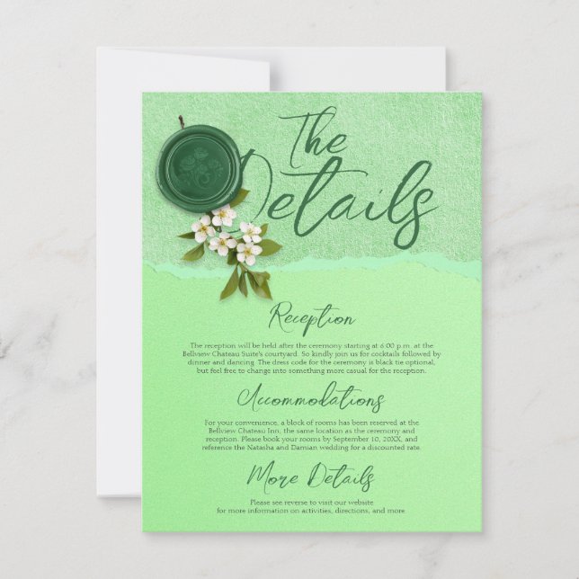 Tarjeta de detalles de boda con sello verde (Anverso)