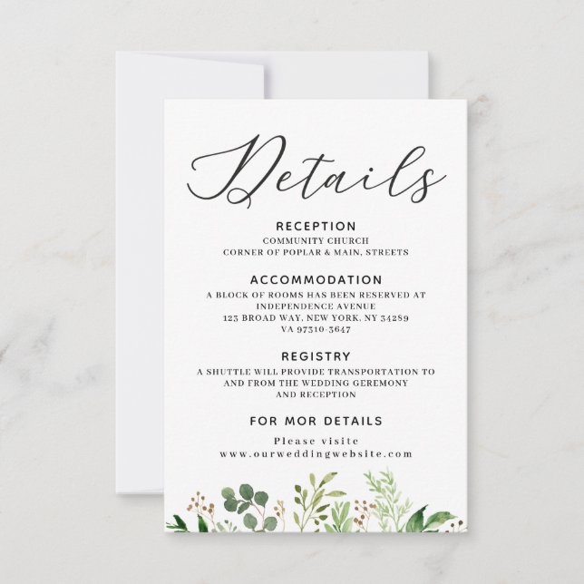 Tarjeta de detalles de boda con vegetación (Anverso)