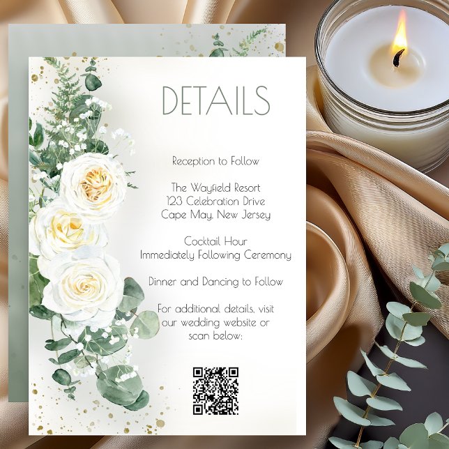 Tarjeta de detalles de boda con vegetación de euca (Elegant eucalyptus greenery wedding details card with white roses and botanical design)