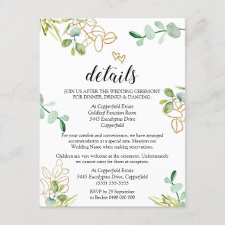 Tarjeta de detalles de boda con vegetación Eucalip