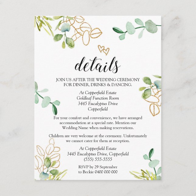 Tarjeta de Detalles de Boda con Verde Eucalipto (Anverso)