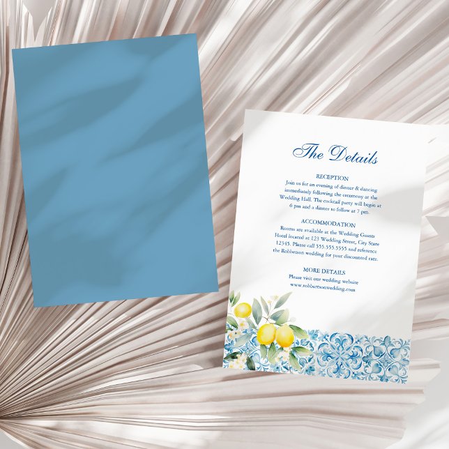 Tarjeta de Detalles de Boda de Baldosas Azules Ita (Italian Blue Tiles and Lemons Wedding Details Card on a sunny white dry palm leaf.)