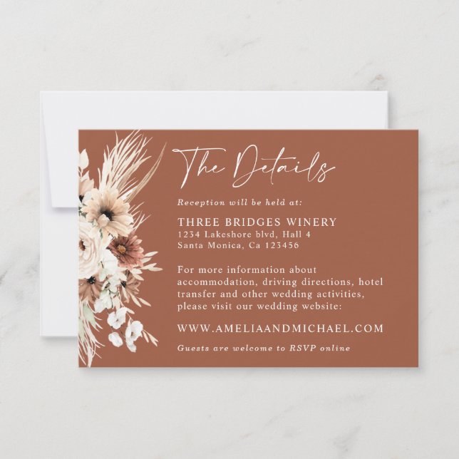 Tarjeta de Detalles de Boda de Boho Pampas Terraco (Anverso)
