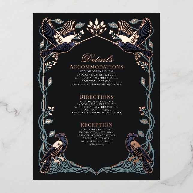 Tarjeta de Detalles de Boda de Cuervo Gótico Encan (Anverso)