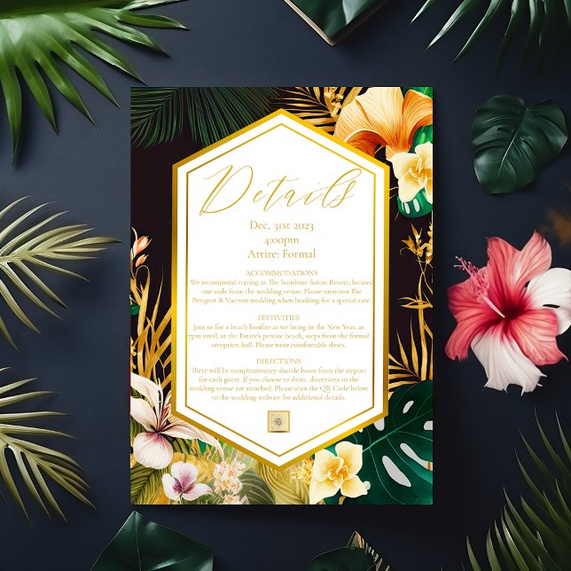 Tarjeta de detalles de boda de destino tropical fo (Stunning Tropical Destination Wedding Details Card)