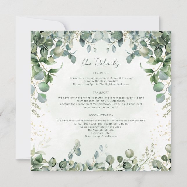 Tarjeta de Detalles de Boda de Eucalipto Cuadrado  (Anverso)