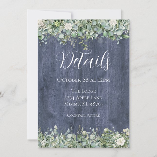 Tarjeta de detalles de boda de eucalipto de madera (Anverso)