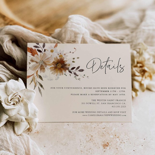 Tarjeta de detalles de Boda de Flor Silvestre Bohe (Fall Floral boho Wedding Details Card)