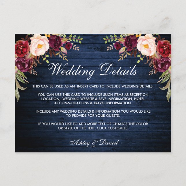 Tarjeta de detalles de boda de madera floral azul  (Anverso)