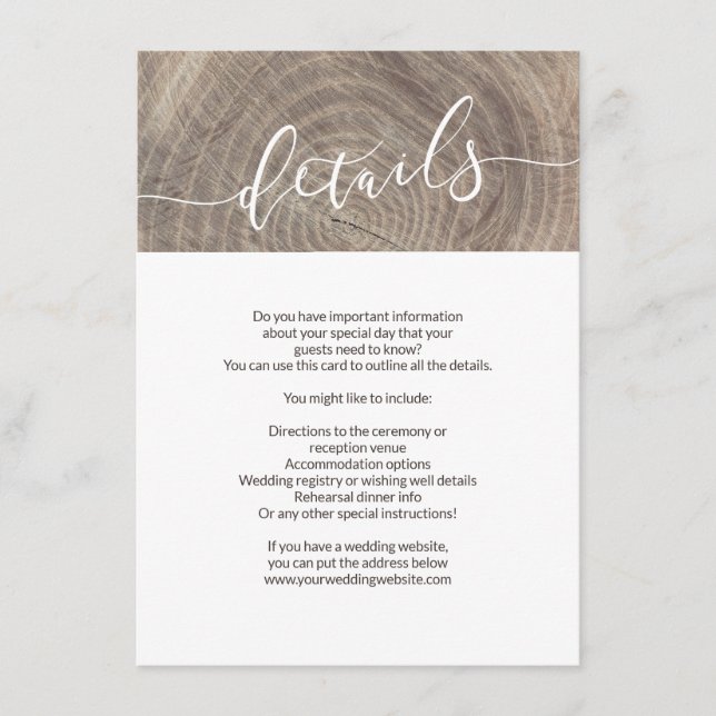 Tarjeta de detalles de boda de madera rústica (Anverso)