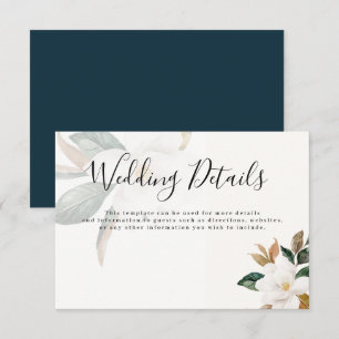 Tarjeta de detalles de boda de magnolia con letra 