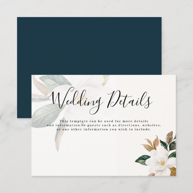 Tarjeta de detalles de boda de magnolia de escritu (Anverso / Reverso)