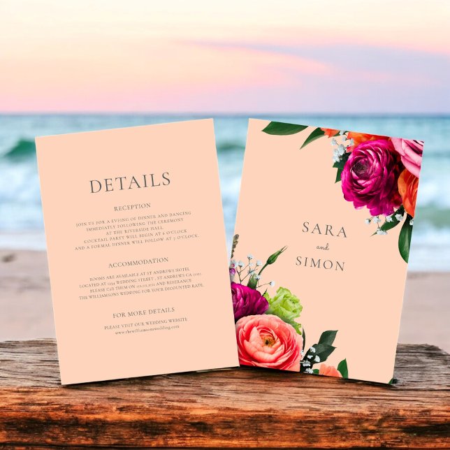 Tarjeta de detalles de boda de melocotón floral mo (modern peach background with vibrant florals , ideal for any wedding season)