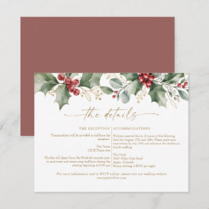 Tarjeta de detalles de boda de Navidad con acebo e