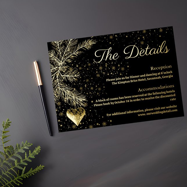 Tarjeta de detalles de boda de Navidad en negro y  (Subido por el creador)