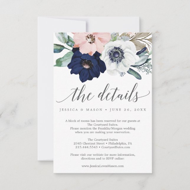 Tarjeta de detalles de Boda de Navy Blooms (Anverso)