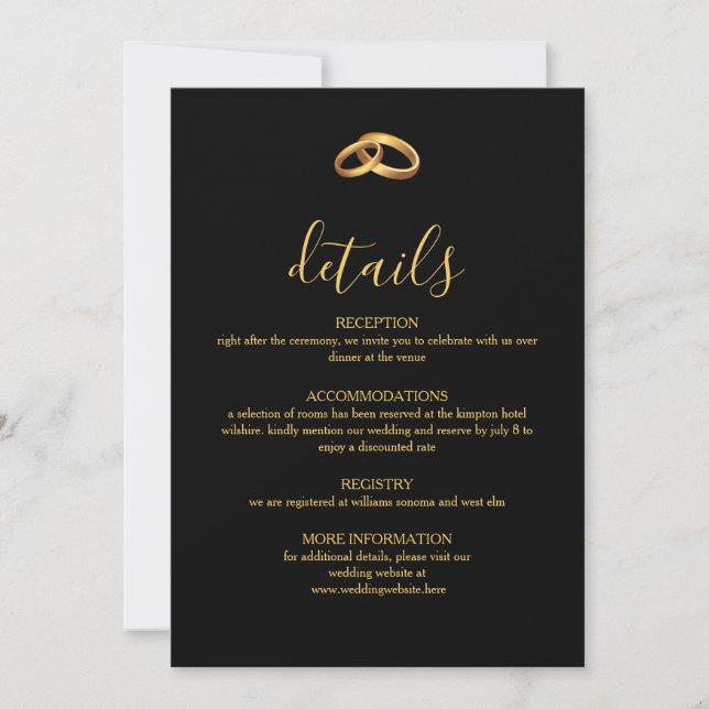 Tarjeta de Detalles de Boda de Oro Negro (Anverso)