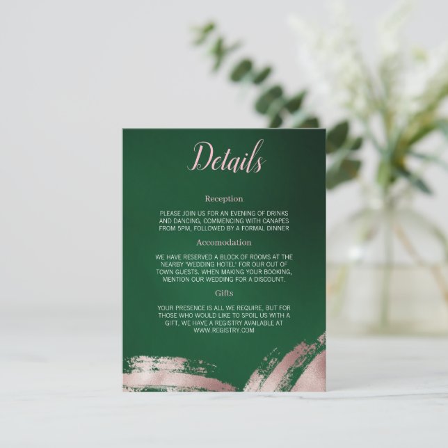 Tarjeta de detalles de Boda de oro verde esmeralda (Anverso de pie)