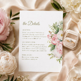 Tarjeta de detalles de boda de peonía marfil y ros