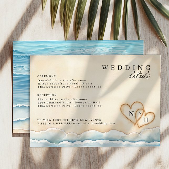 Tarjeta de detalles de boda de playa con corazones (Wedding Details Enclosure Card)