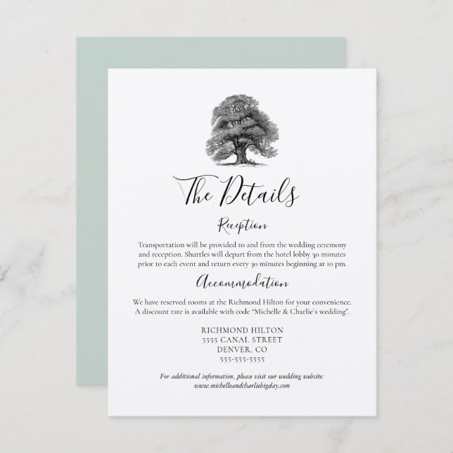 Tarjeta de detalles de boda de roble vintage (Anverso / Reverso)