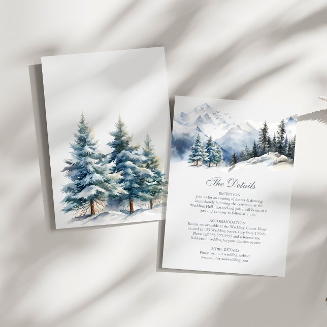 Tarjeta de detalles de Boda de Snowley Mountain &  (Snowy Mountain & Pine Trees Weddding Details Card on a sunny white table.)