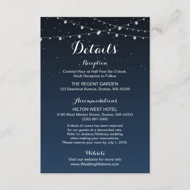 Tarjeta de detalles de Boda de Starry Night Rustic (Anverso)